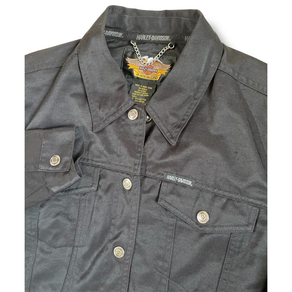 Harley-Davidson Womens Black Embroidered Logo Trucker Jacket Medium Cotton Blend